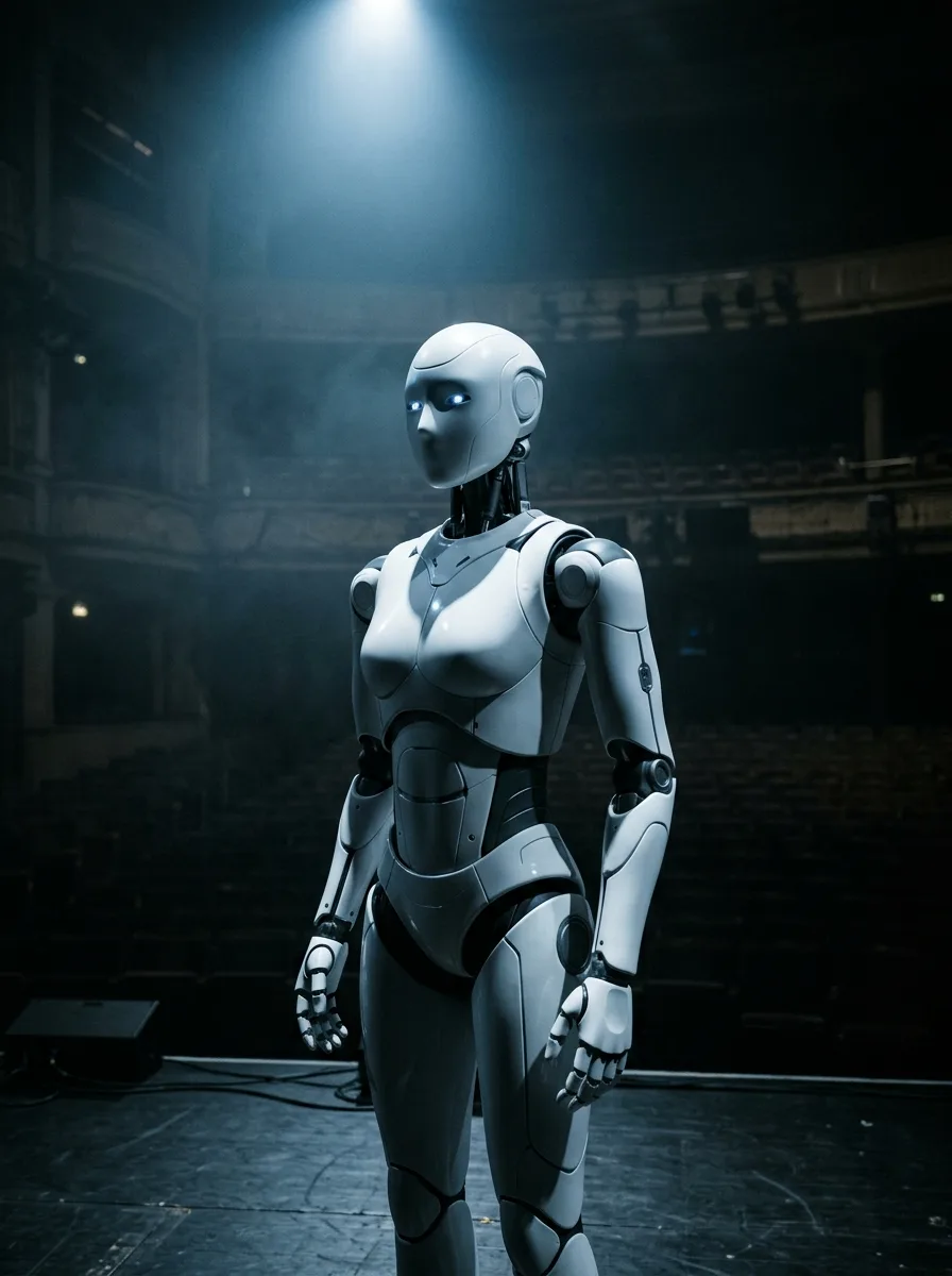 Sleek white humanoid robot on a dark auditorium stage