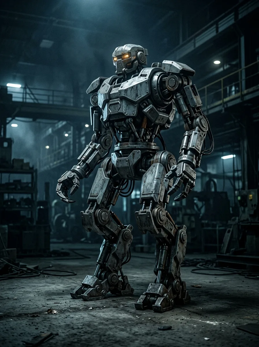 Heavy industrial bipedal robot in a dark warehouse