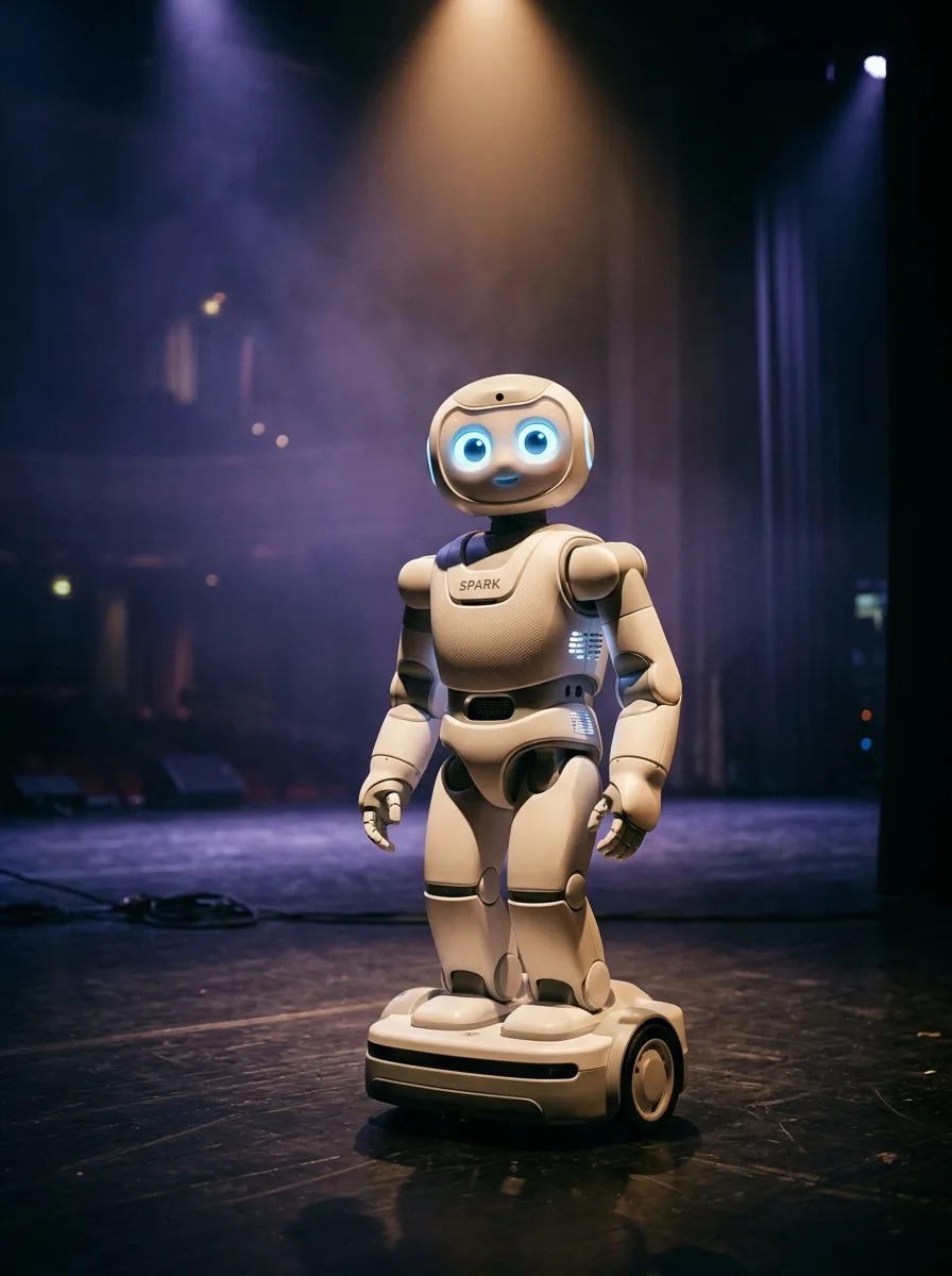 Small social robot with large round eyes on a stage