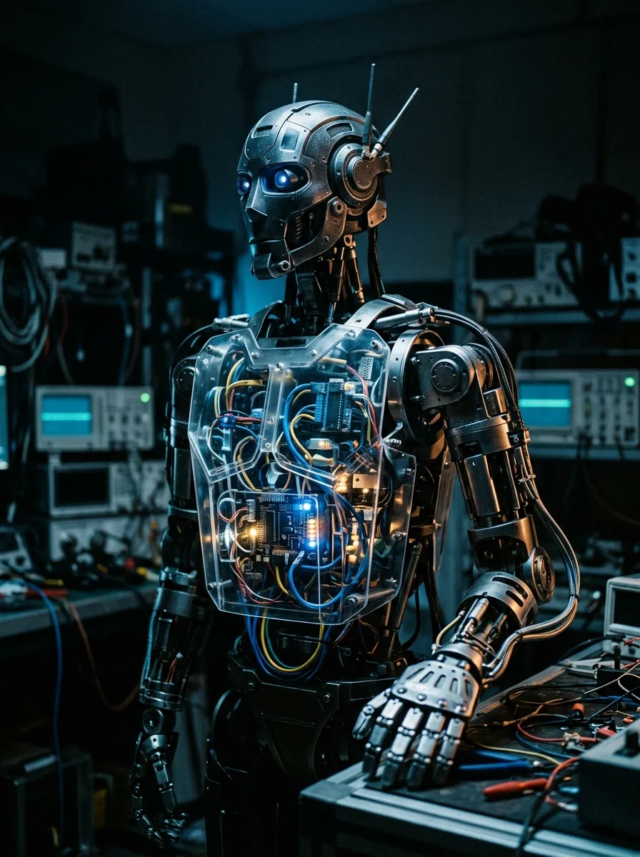Research humanoid with exposed circuits in a laboratory