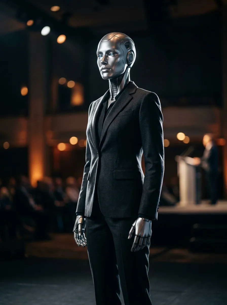 Elegant silver android in a dark suit at a conference