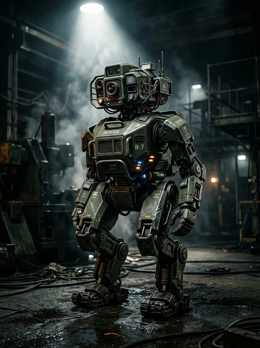 Compact armored rescue robot in an industrial space
